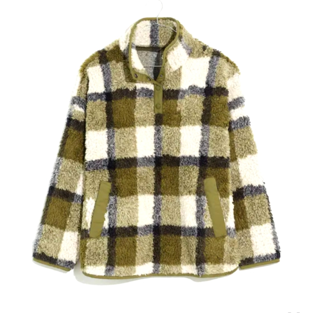 Madewell Olive Plaid Sherpa Popover Tunic Fleece Jacket, Size S - Picture 3 of 10